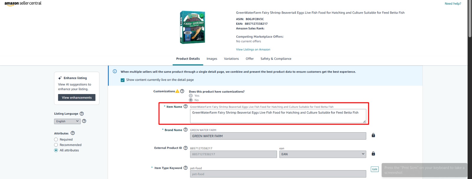 Brine Shrimp Catalog Conflict Corrected | USA — original supporting record 1