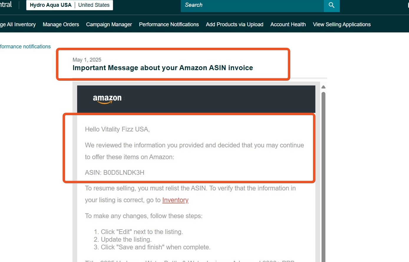Hydro Aqua Invoice Appeal Accepted | USA — original supporting record 4