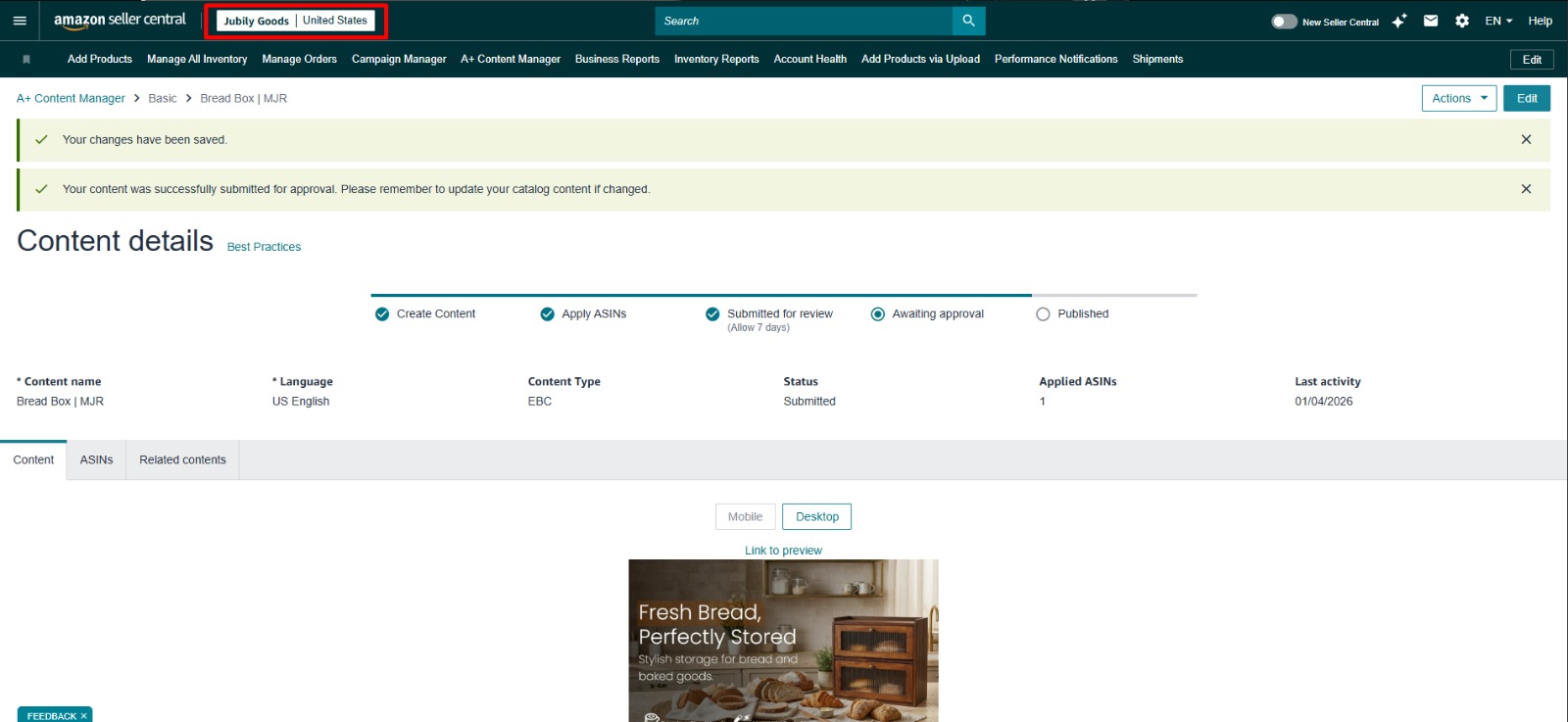 A+ Content Selling-Role Access Restored | USA — original supporting record 1