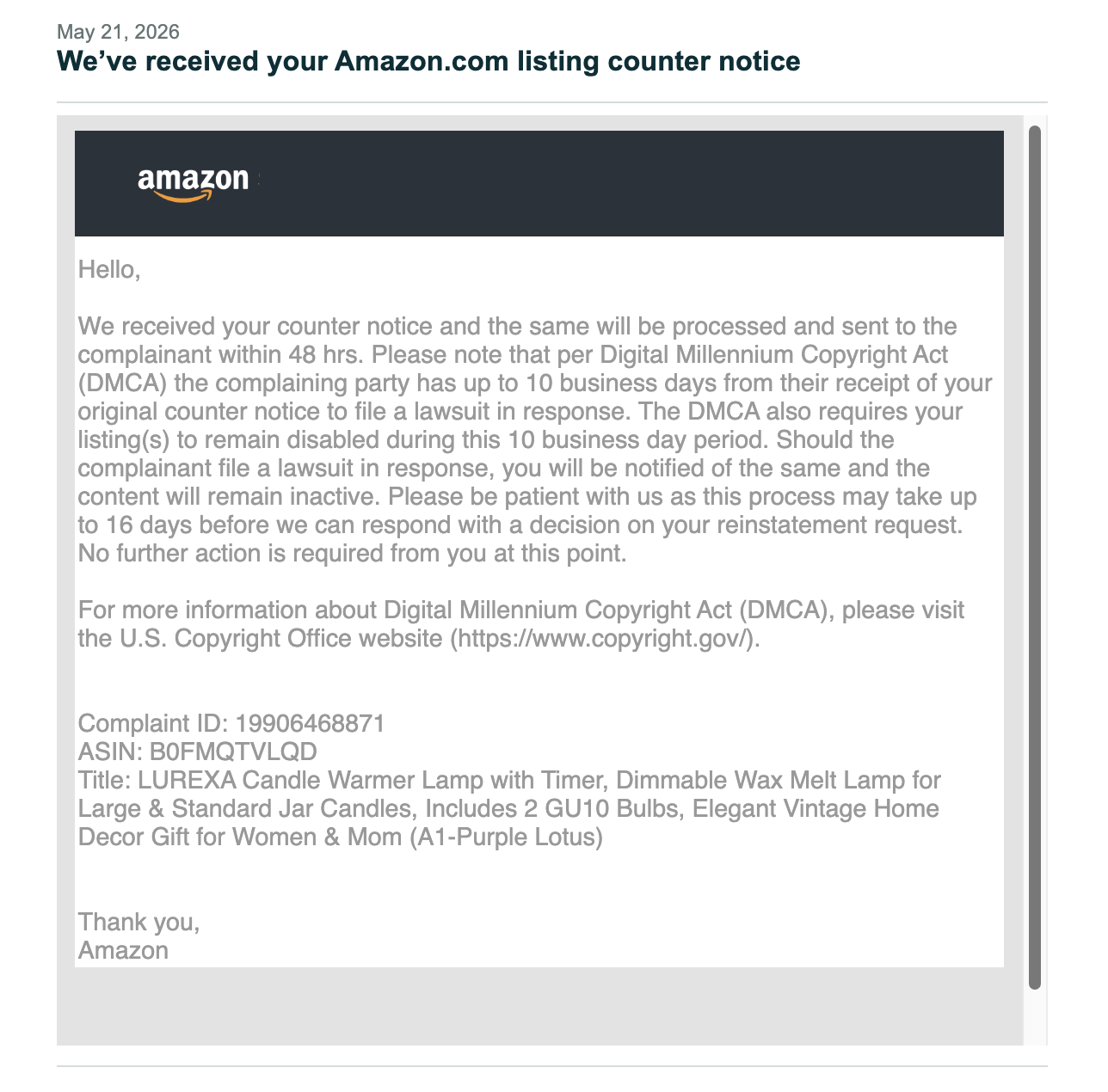 Candle Warmer DMCA Appeals Accepted | USA — original supporting record 2