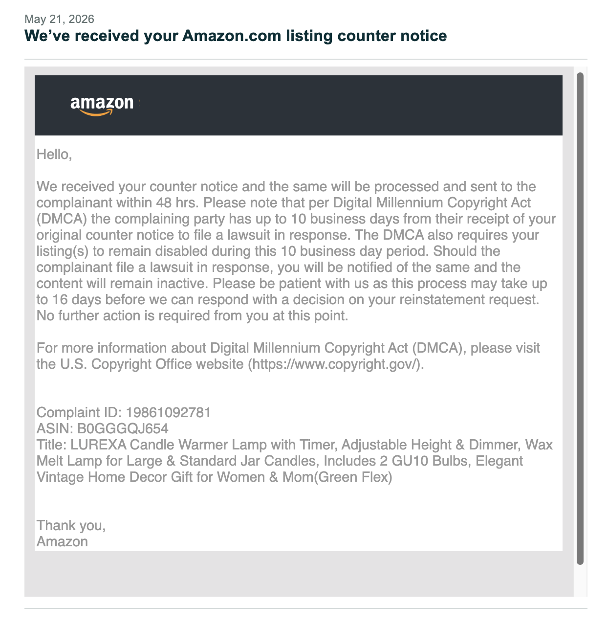 Candle Warmer DMCA Appeals Accepted | USA — original supporting record 4