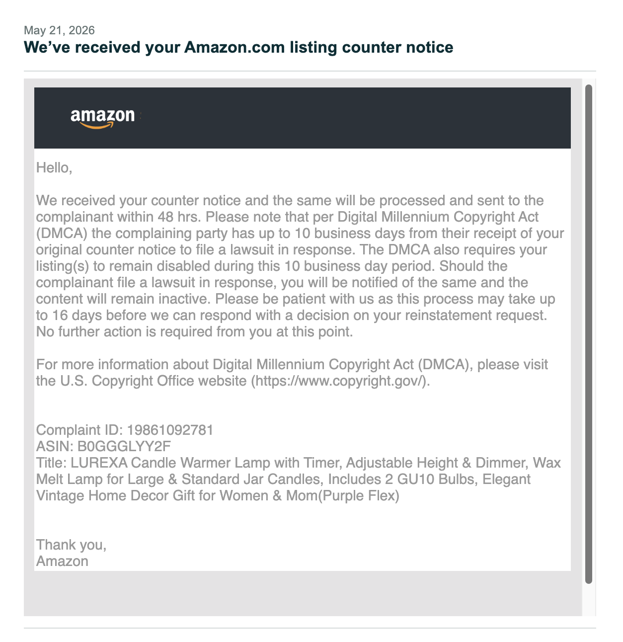 Candle Warmer DMCA Appeals Accepted | USA — original supporting record 6