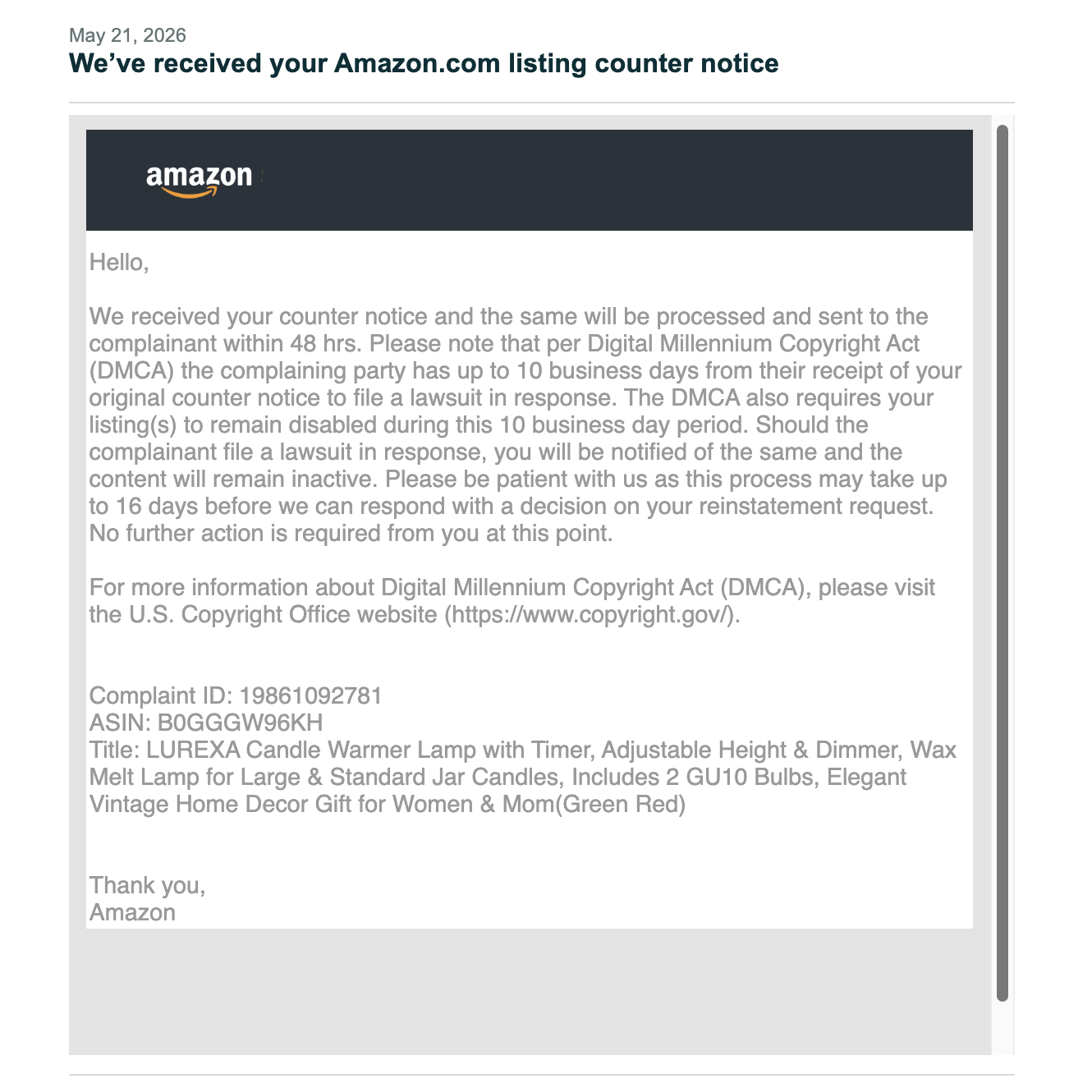Candle Warmer DMCA Appeals Accepted | USA — original supporting record 8