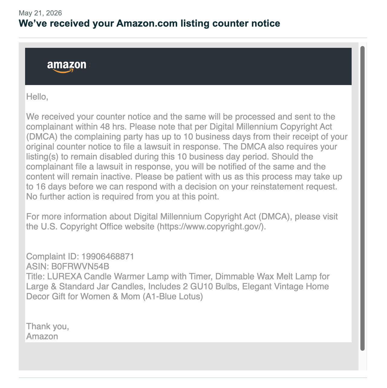 Candle Warmer DMCA Appeals Accepted | USA — original supporting record 10