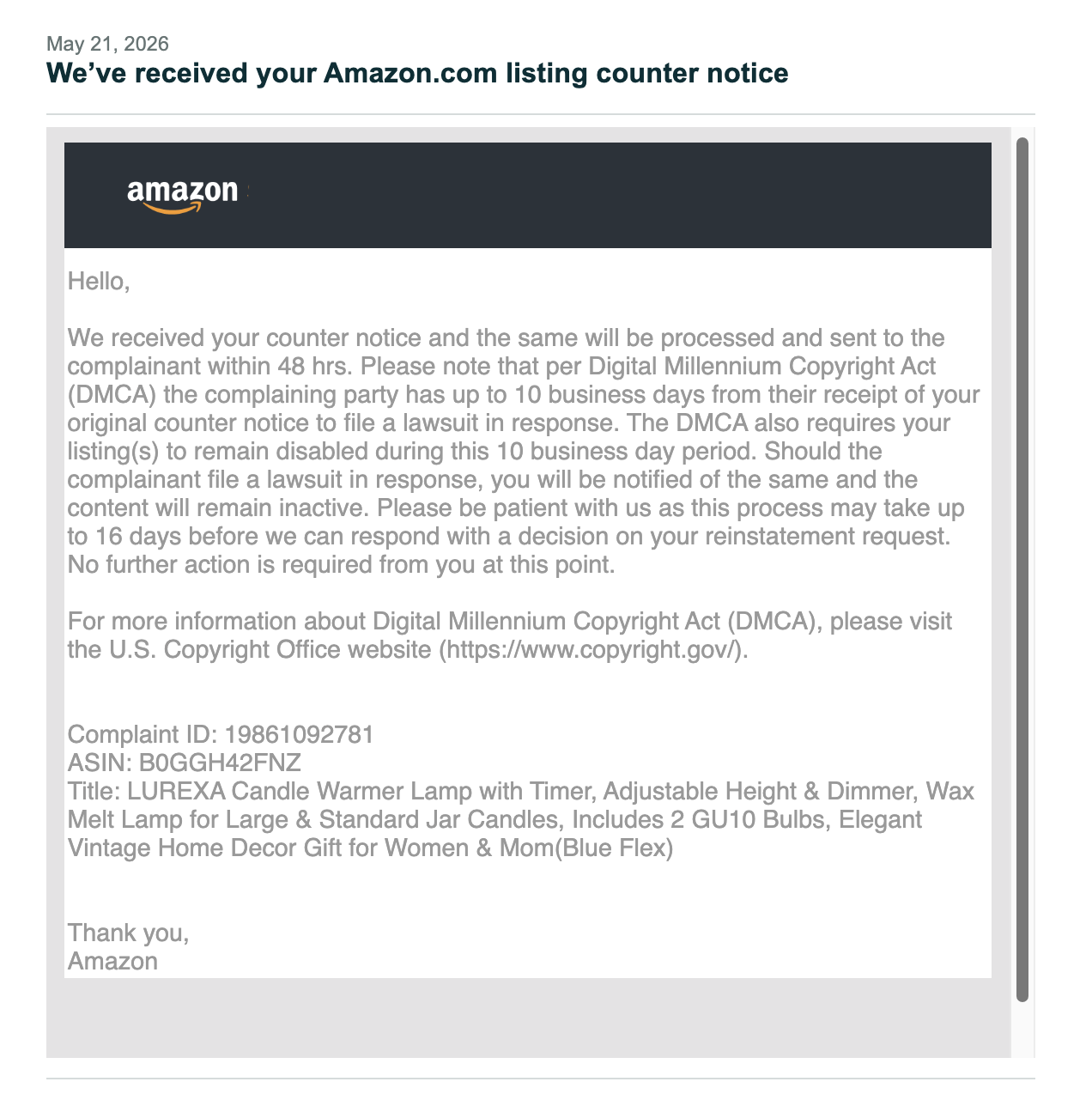 Candle Warmer DMCA Appeals Accepted | USA — original supporting record 14