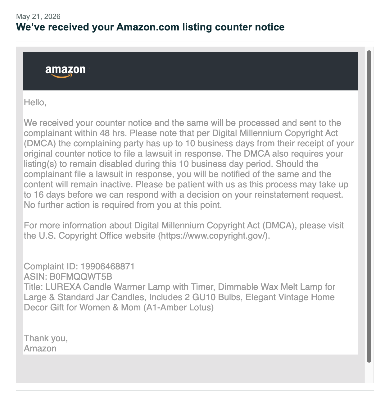 Candle Warmer DMCA Appeals Accepted | USA — original supporting record 16