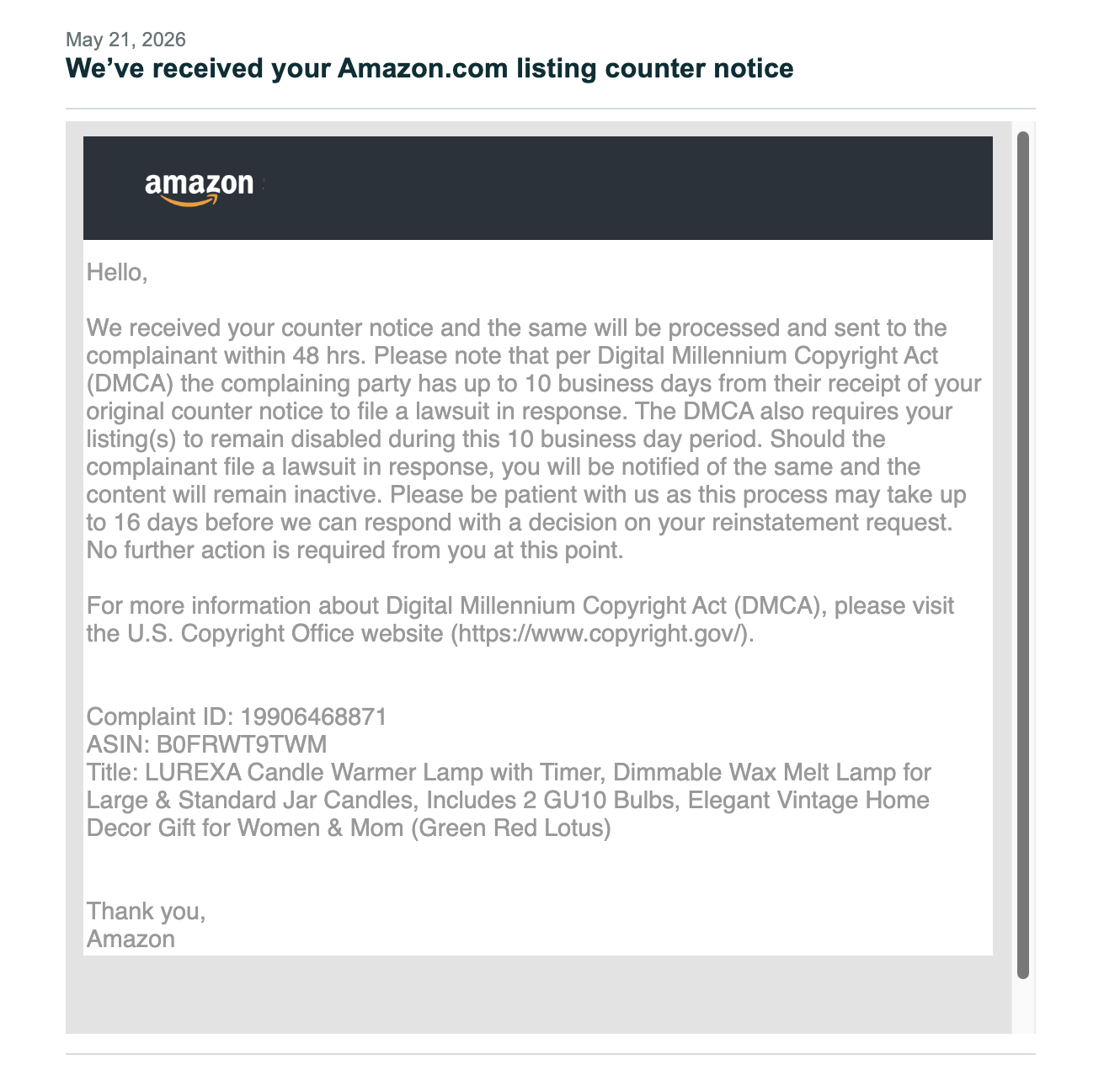 Candle Warmer DMCA Appeals Accepted | USA — original supporting record 18