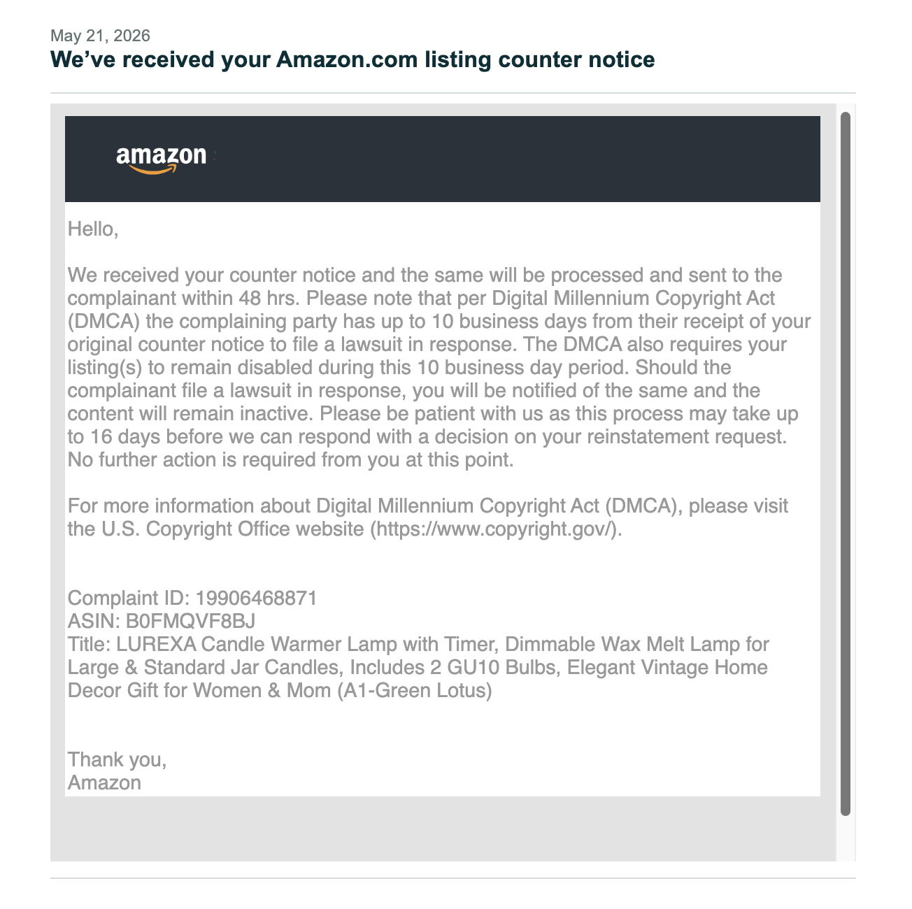 Candle Warmer DMCA Appeals Accepted | USA — original supporting record 20