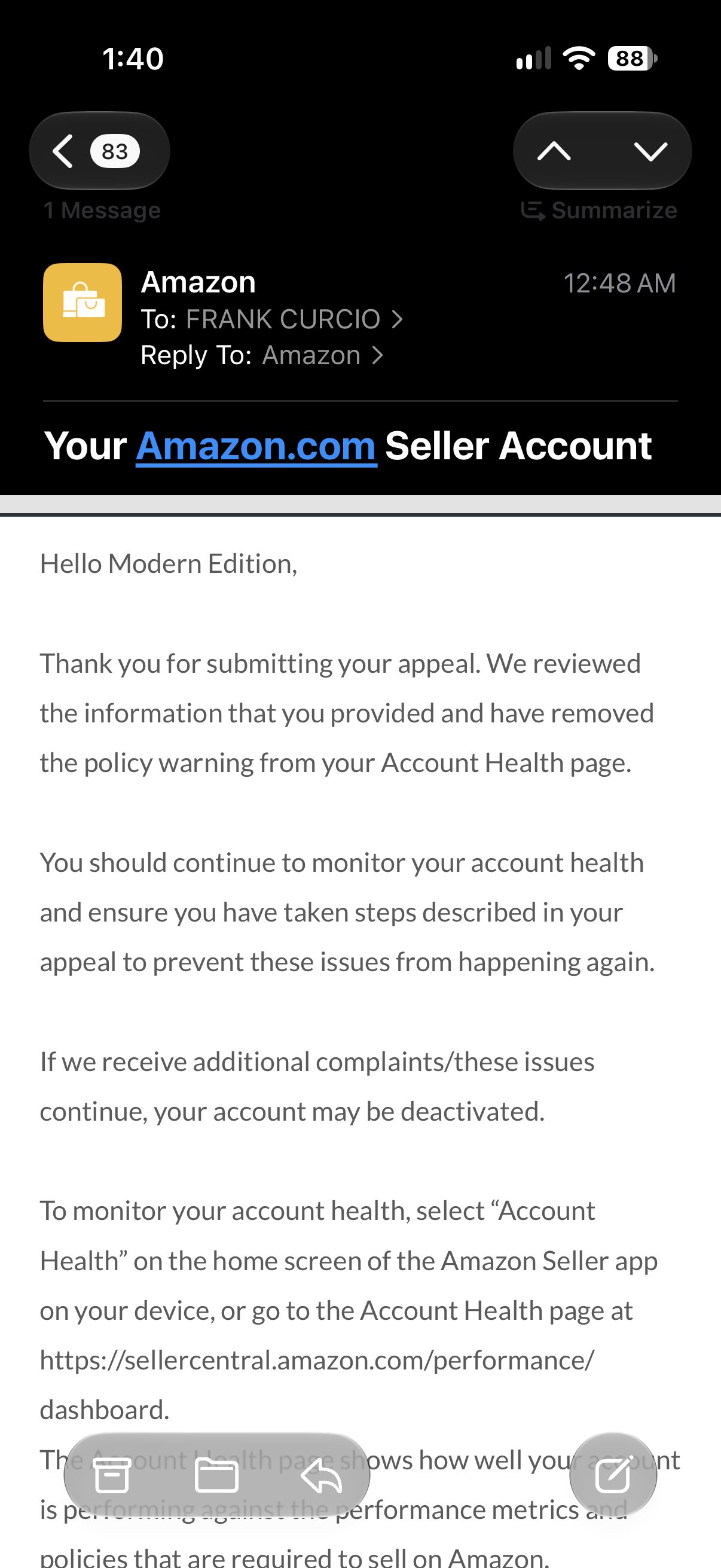 Inbound Shipment Policy Warning Removed | USA — original supporting record 2