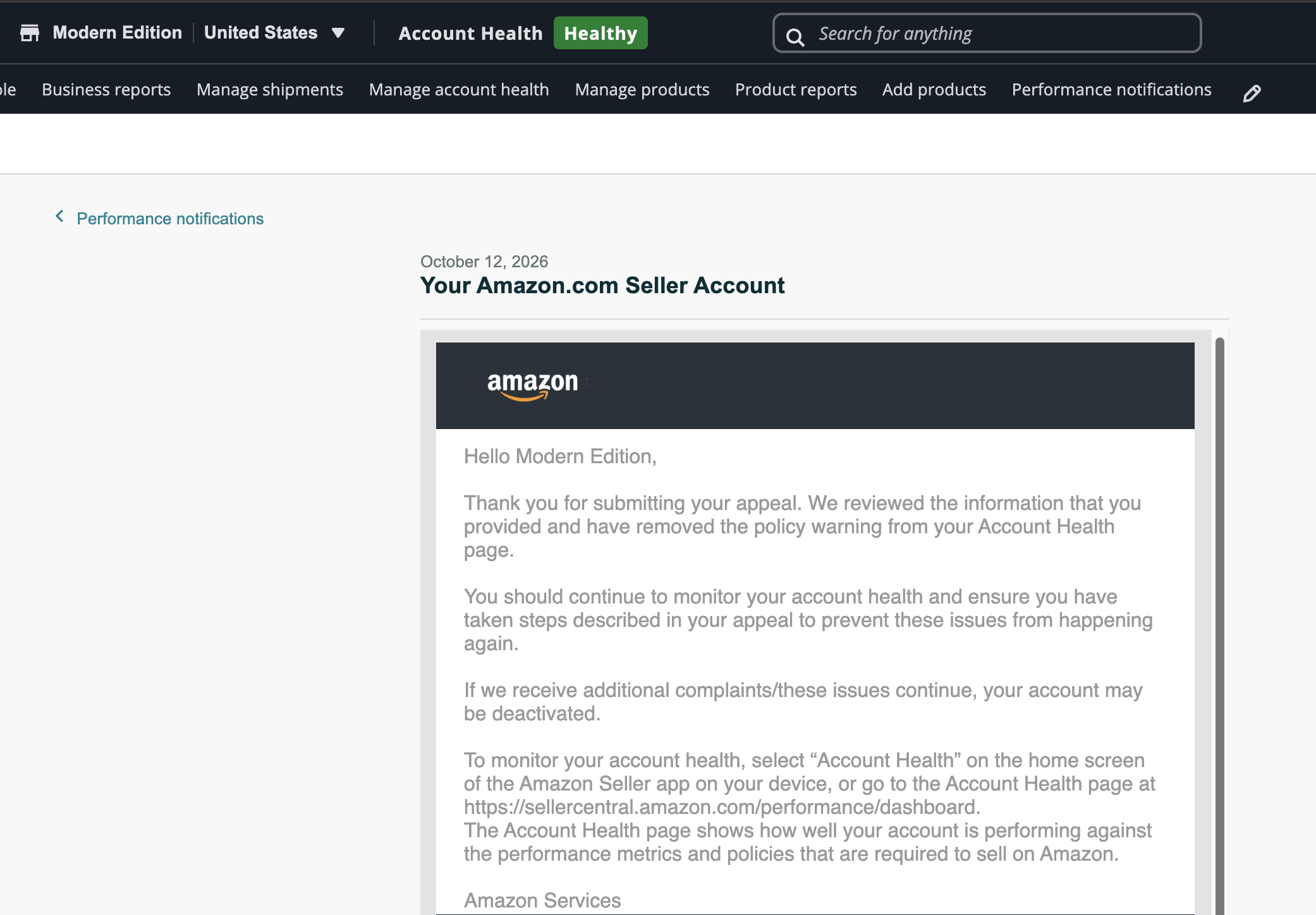Inbound Shipment Policy Warning Removed | USA — original supporting record 7