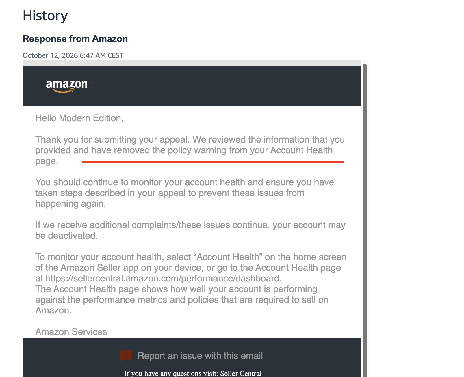 Inbound Shipment Policy Warning Removed | USA — original supporting record 10