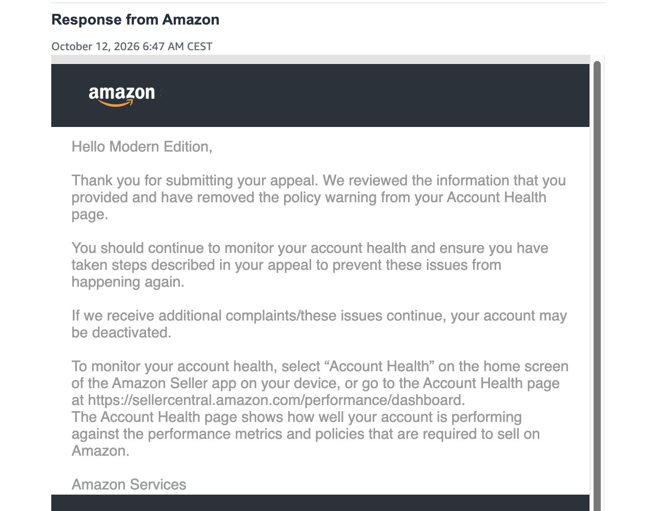Inbound Shipment Policy Warning Removed | USA — original supporting record 12