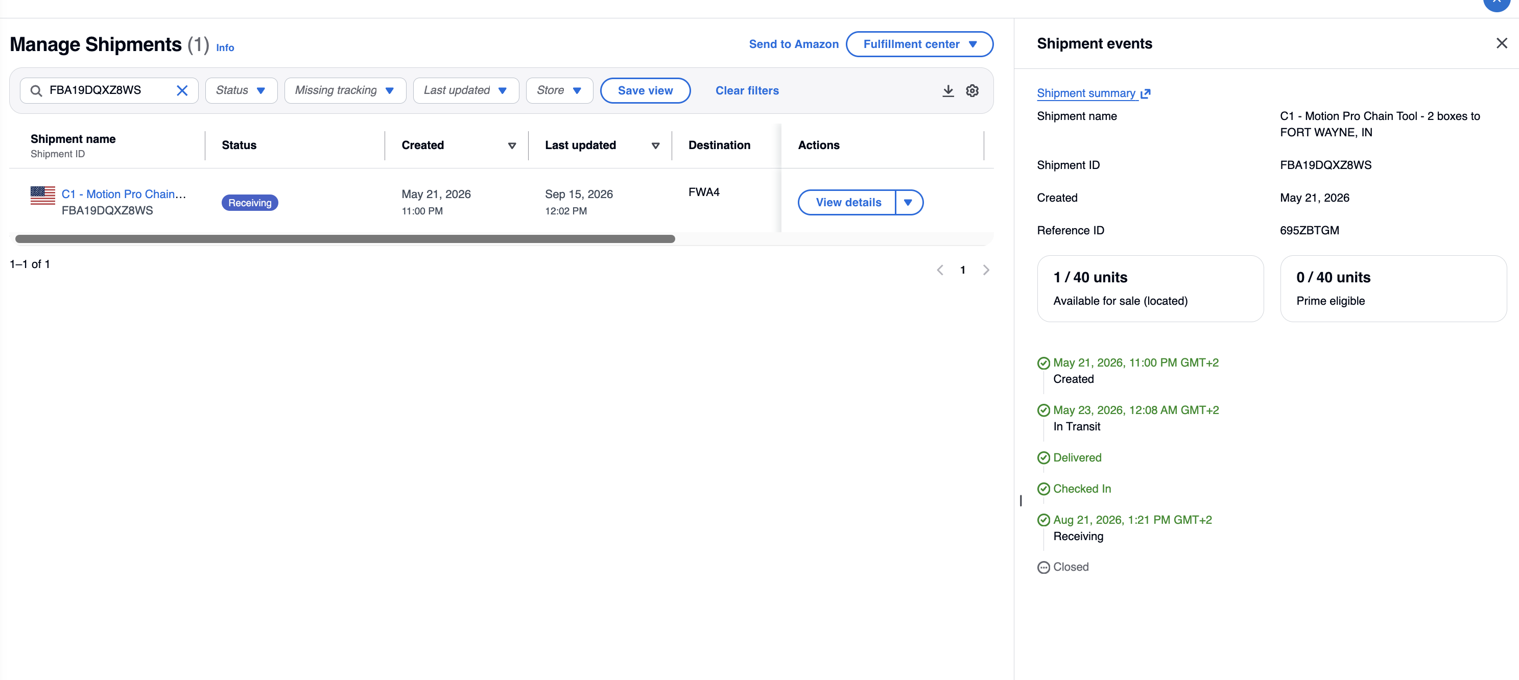 Motion Pro Inbound Reimbursement — 39 Units | USA — original supporting record 1