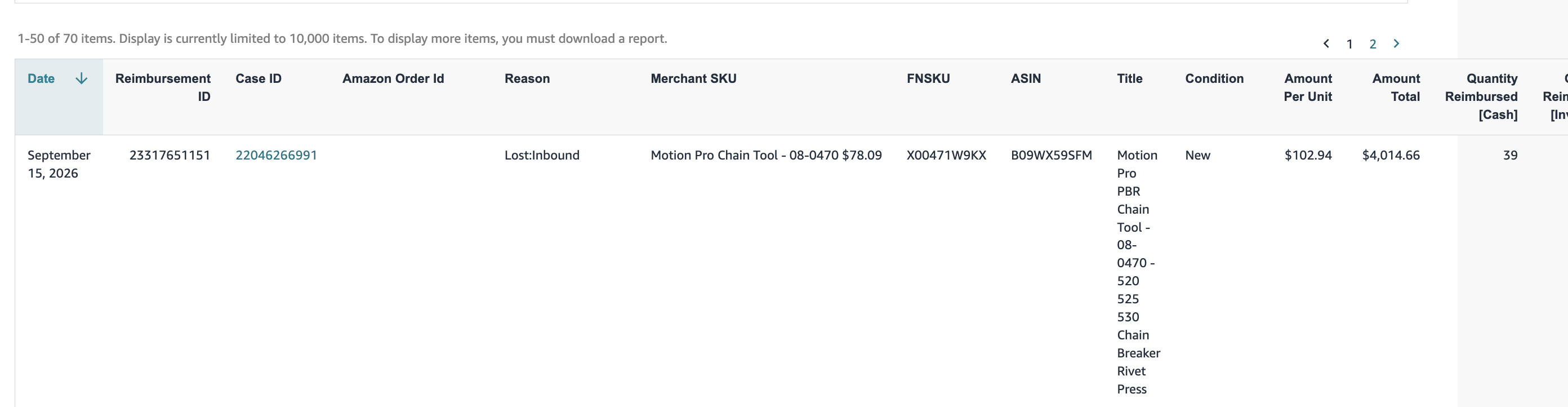 Motion Pro Inbound Reimbursement — 39 Units | USA — original supporting record 4
