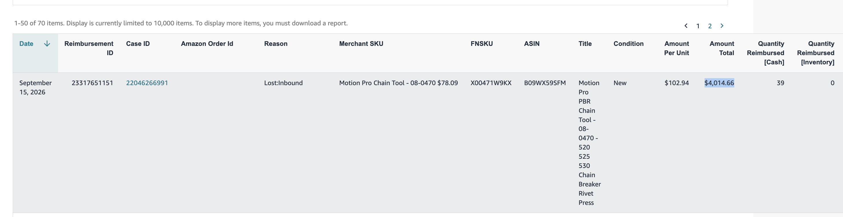 Motion Pro Inbound Reimbursement — 39 Units | USA — original supporting record 5