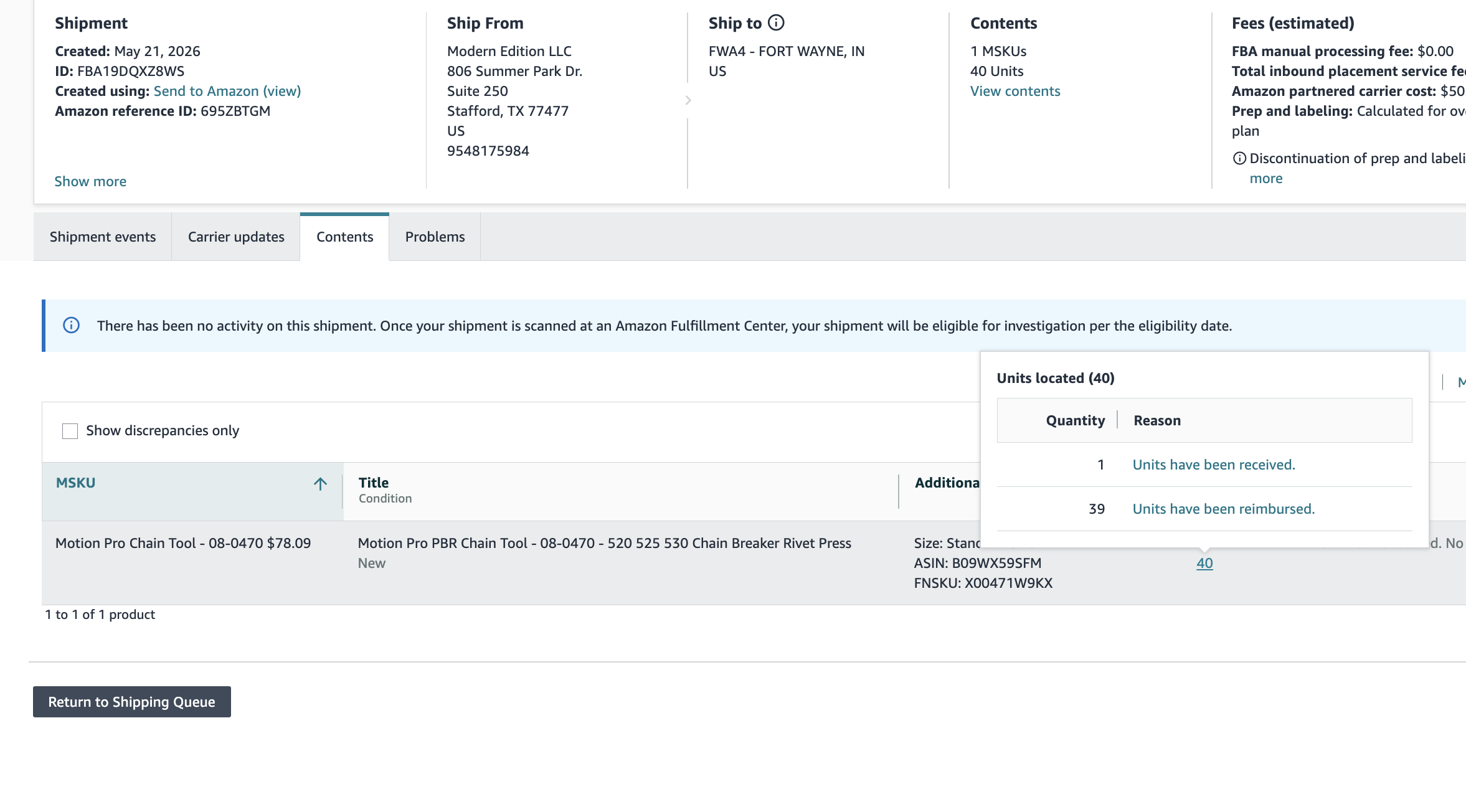 Motion Pro Inbound Reimbursement — 39 Units | USA — original supporting record 6