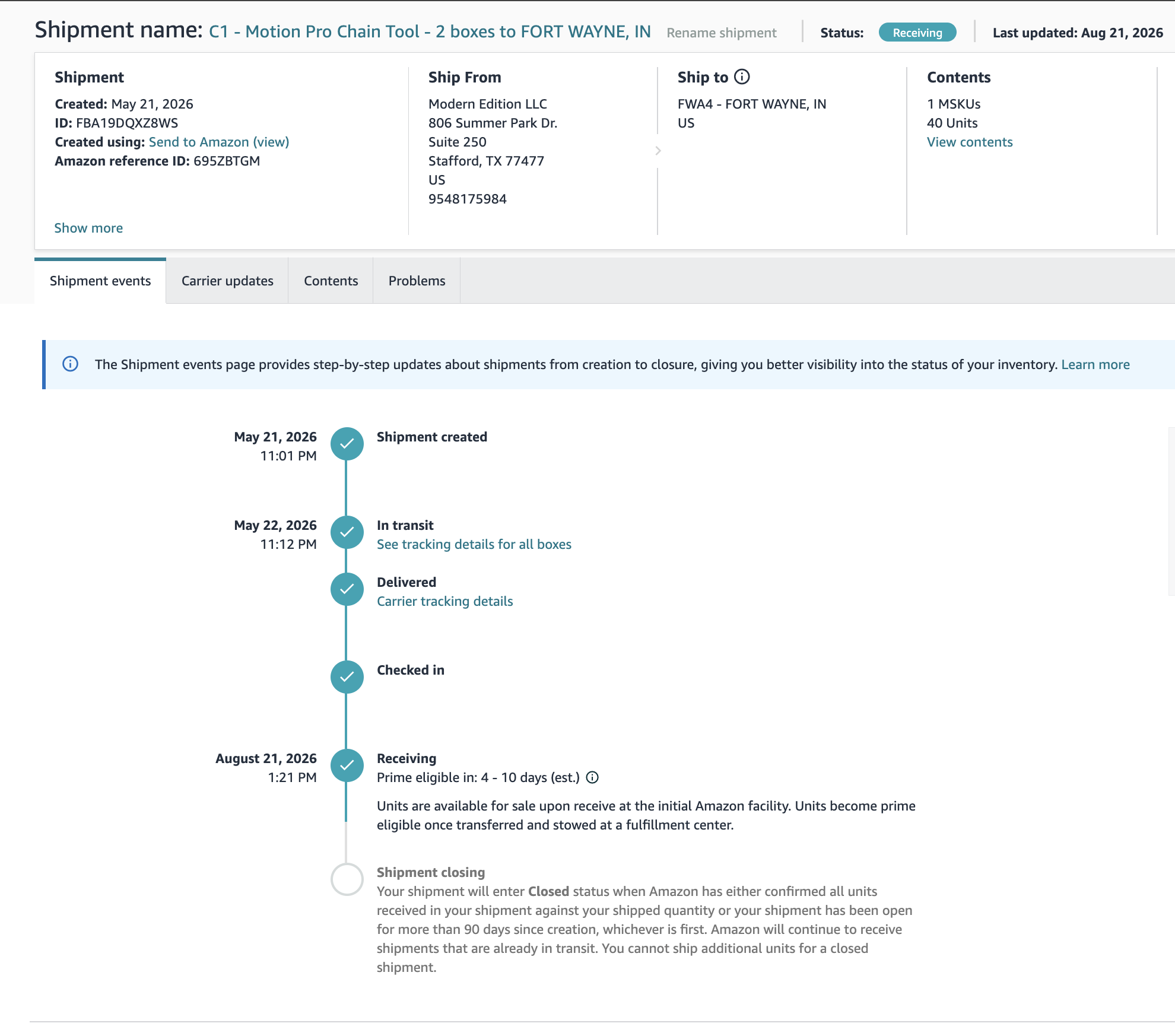 Motion Pro Inbound Reimbursement — 39 Units | USA — original supporting record 7