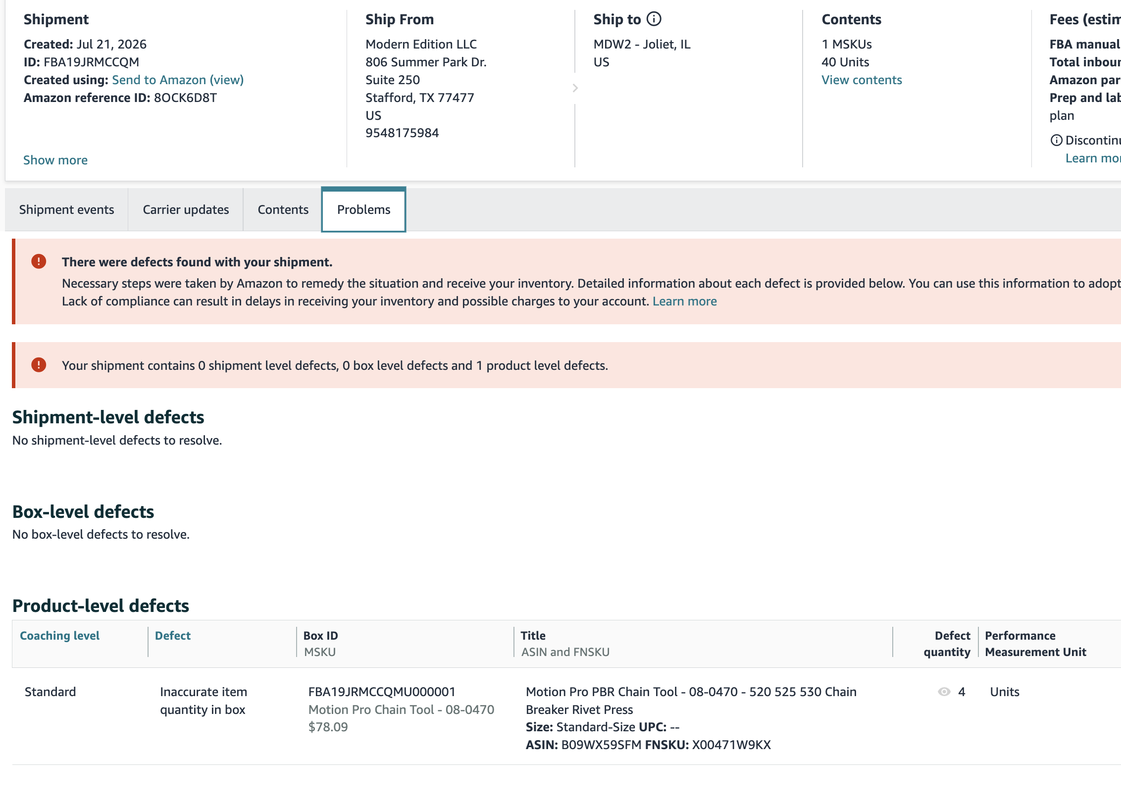 Motion Pro Shipment Reimbursement — 4 Units | USA — original supporting record 4