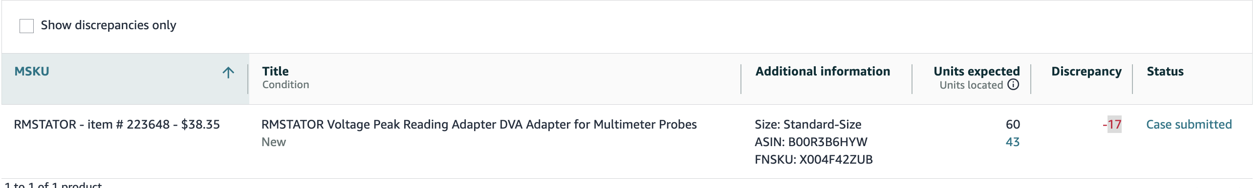 RMSTATOR Inbound Discrepancy — Review Pending — original supporting record 1