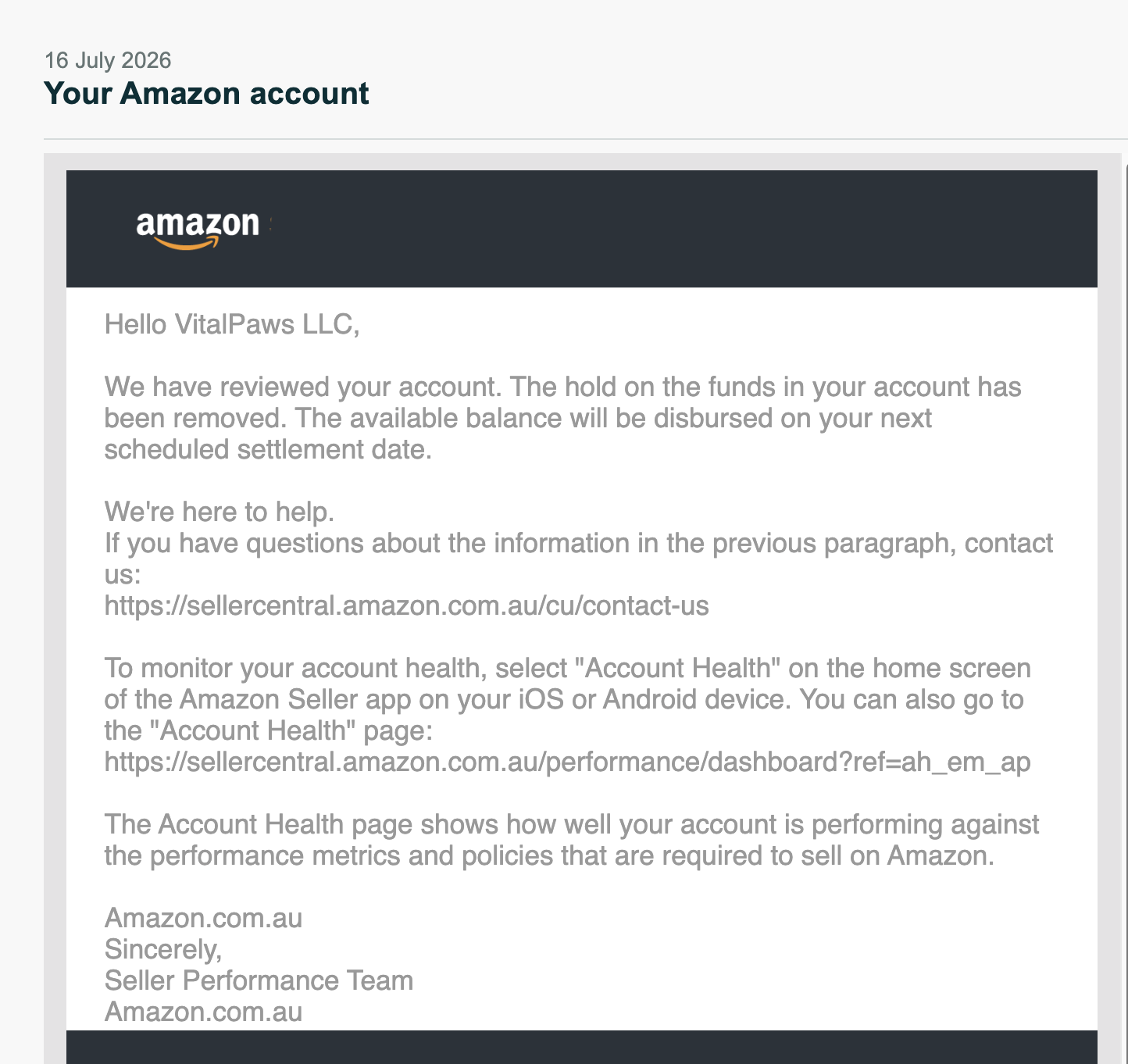 Australia Funds Hold Removed | Australia — original supporting record 1