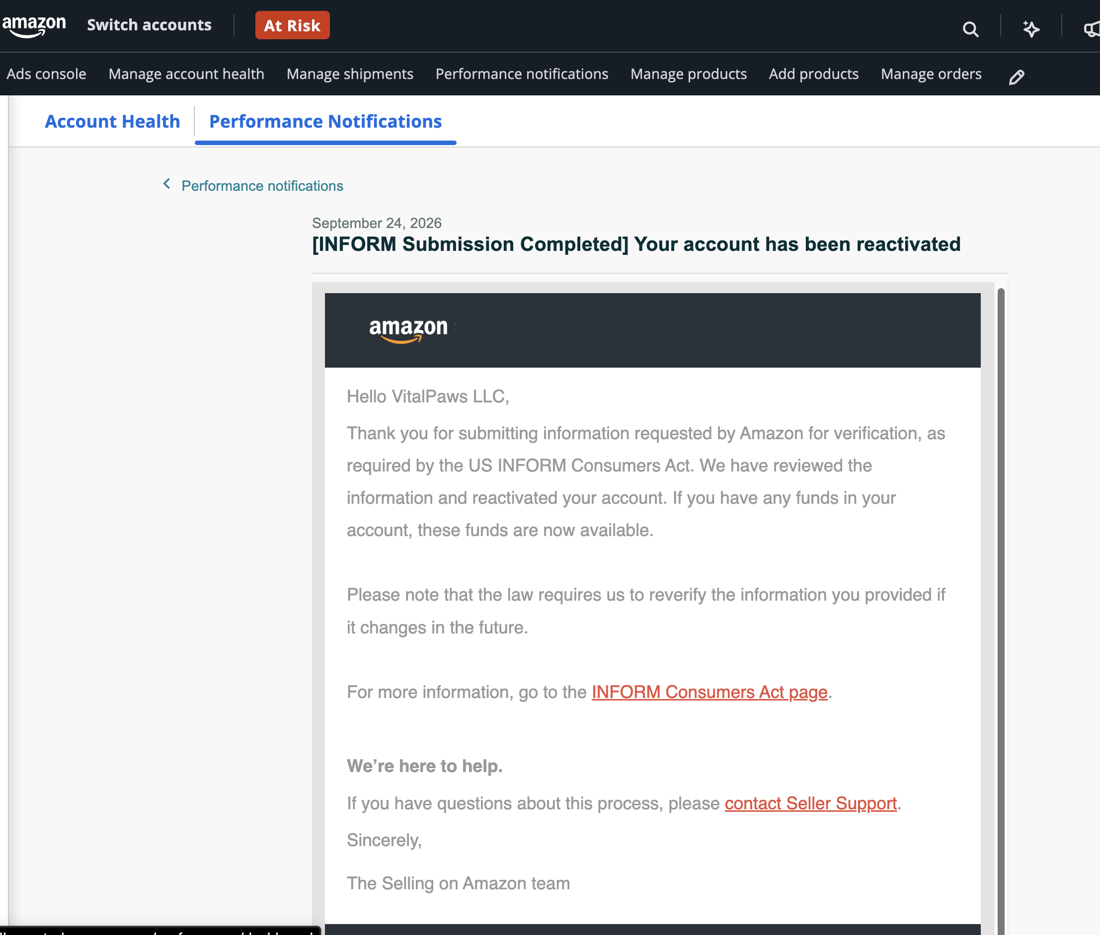INFORM Verification Account Reactivated | USA — original supporting record 1