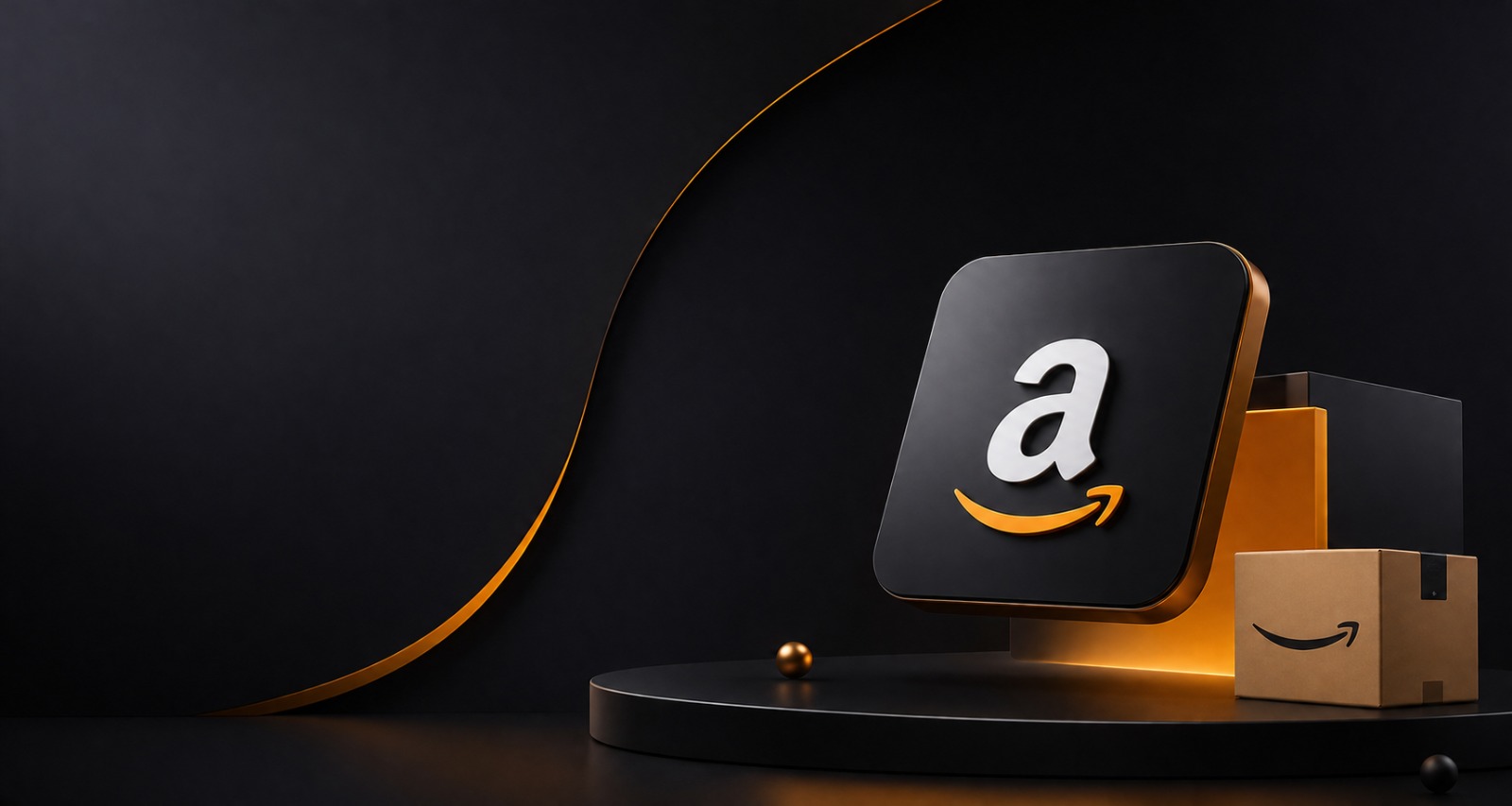 Amazon 3D logo on a premium dark podium